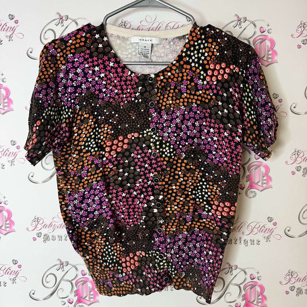 Grace Women's Vibrant Floral Blouse button up flowers multicolor bright vibrant